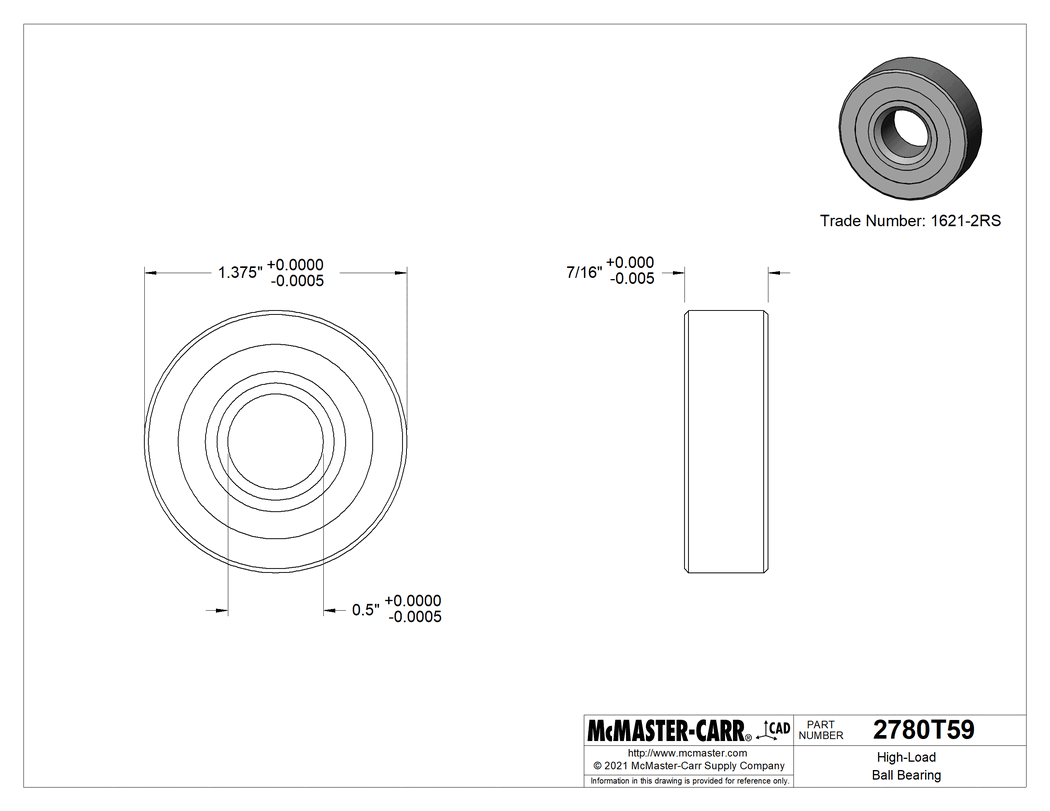 Technical Drawing of Steel Ball Bearing, Trade No. 1621-2RS, Sealed, for 1/2" Shaft Diameter.